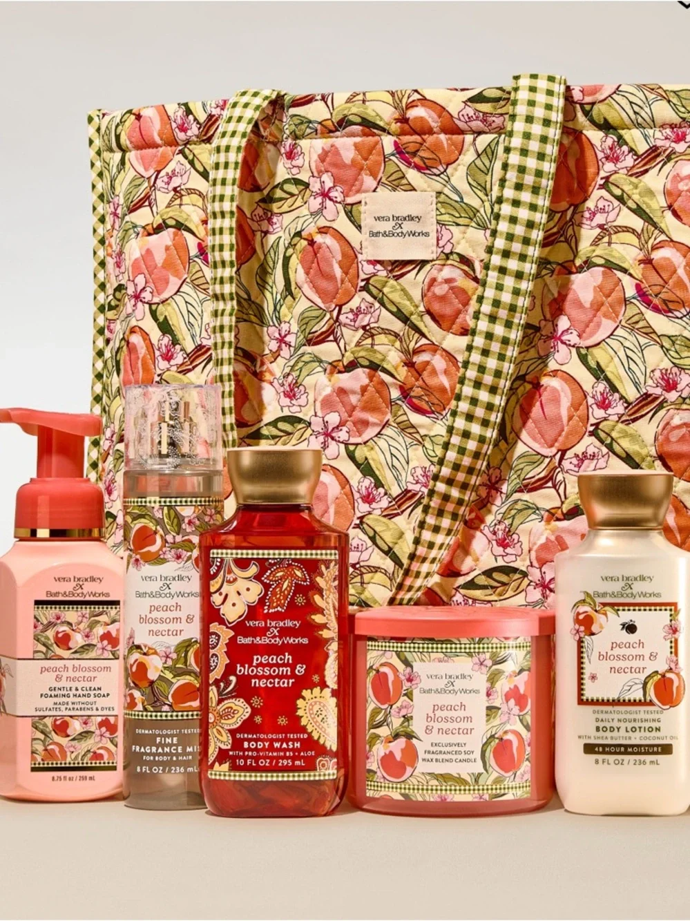 Bath & Body Works Vera Bradely Peach Blossom & Nectar 6 Piece  Bag Gift Set,